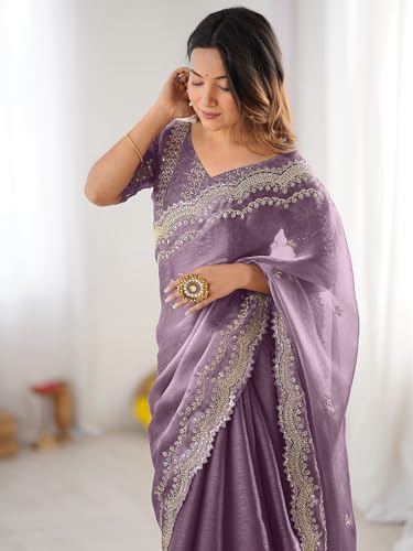 Image of Satrani Women's Shimmer Chiffon Sequins Embroidery Saree with Unstitched Blouse Piece