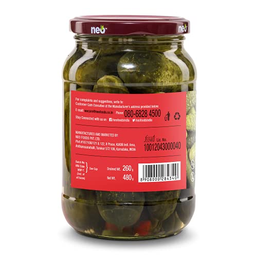 Image of Neo Whole Gherkins 480g I Pack of 1 I 100% Plant Based I Low Fat Sweet and Crunchy Pickles, Ready to Eat I Enjoy with Nachos, Make a Healthy Salad at home