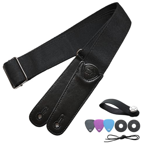 [RISEN LIFE] RS005 ギターストラップ コットンウェビング ピック収納可 ウクレレ・エレキギター・ベース対応 調節可能ストラップ ブラック（セット内容：ピック3枚、ヘッドストラップ、ストラップロック、レザーネックストラップ）