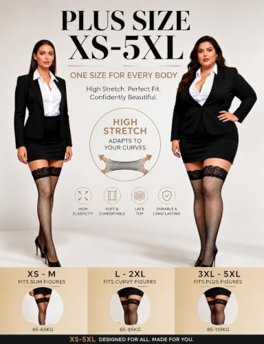 Image of ohyeah Women Fishnet Plus Size Thigh High Stockings XS-5XL Silicone Stay Up Lingerie Lace Top Pantyhose Hosiery