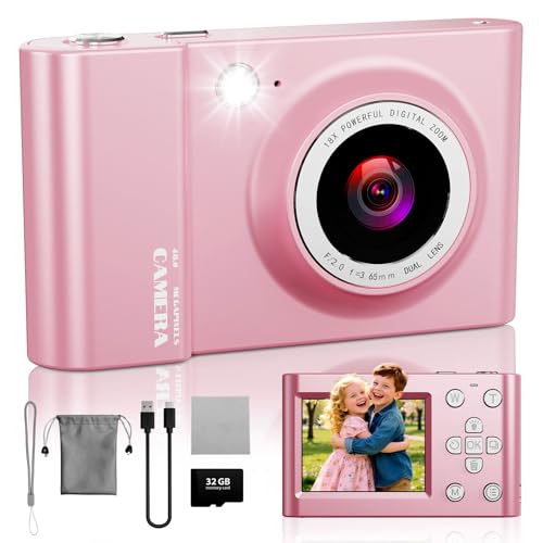 CHAKEYAKE Cámara Digital 4K, Cámara Fotográfica 64 MP con Autofoco, Zoom Digital 18X, Pantalla LCD de 2,4, Tarjeta de 32 GB, Filtros, Camara Compacta para Niños, Adolescentes Principiantes Vlog, Rosa