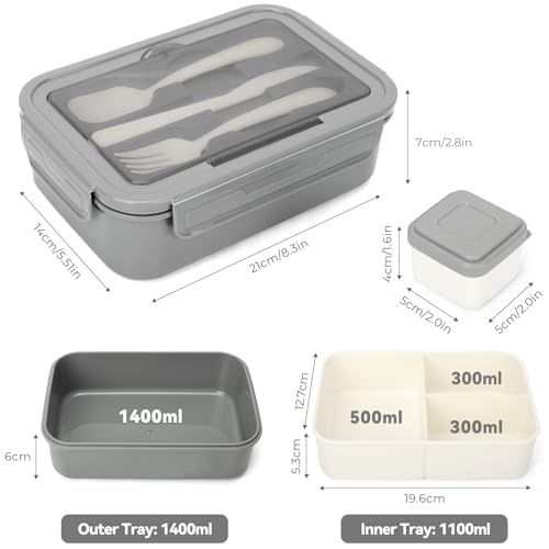 Luzoon Lunch Box,1400Ml Bento Box Con 3 Scomparti E Posate Per Adulti, Porta Pranzo Con Posate E Scatola Per Salse,Senza Bpa,Sicuri Per Microonde E Lavastoviglie (Grigio+Sauce Box) - 2