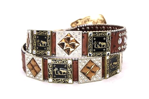 Genuine Leather Belt for Women & Cowboy Big Rhinestone With Engraved Buckle Country Style Gold 50512