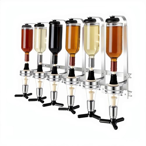 6 Bottle Wall Mounted Liquor Dispenser 30ml per Pour Alcohol Dispenser with 1.06oz Shot Measure and Spring Loaded Arms Wine Dispenser for Home Cocktail Drink Alcohol Whiskey Bar Party