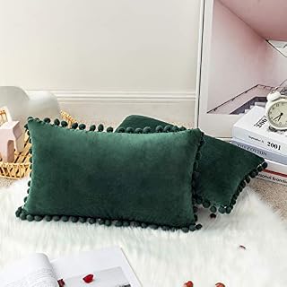 MIULEE Pack of 2 Velvet Cushion Covers Soft Square with Pompoms Decorative Throw Pillowcases Home for Livingroom Sofa Bedroom 12 x 20 Inch 30x 50 cm Dark Green