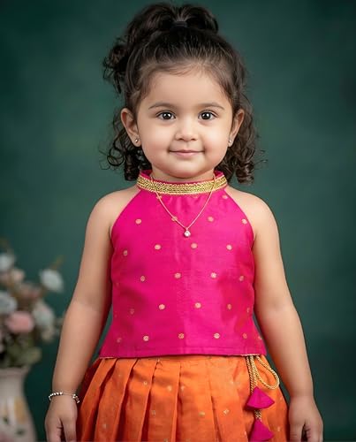 Image of Girls Designer Lehenga Choli Set Orange Rani Pink Readymade Pattu Pavadai Style Traditional Ethnic Dress for Baby Girls Kids Festive Wedding 3Months-8 Years