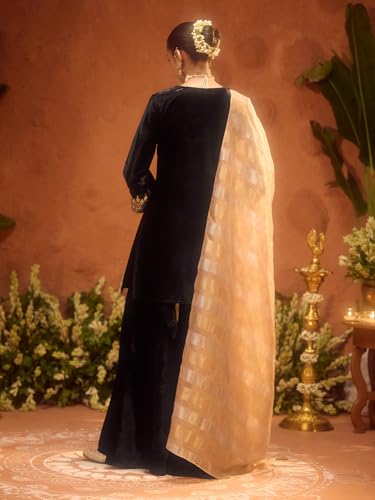 Image of FIORRA Women Black Ice Velvet Embroidered Kurta Set with Dupatta
