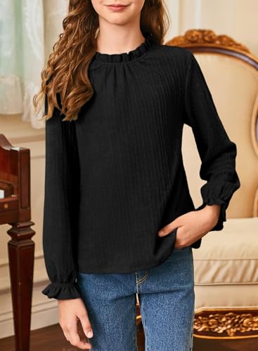 Girls Shirts Long Sleeve Lightweight Tops 2025 Fall Fashion Blouses Knit Crewneck Basic Tee 6-13 Years4