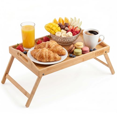 Image of Fusion Food Bamboo Bed Tray Table with Foldable Legs & High Edges Multipurpose Lap Desk Free Standing Wooden Desk for Breakfast in Bed Sofa Snack Trays Strong Durable Laptop Stand Easy to Clean