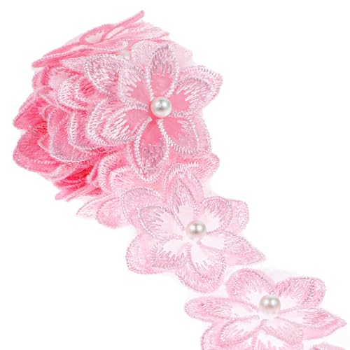 2 Yards 3D Flower Pink Lace Ribbon, Pink Flower Trim Polyester Floral Applique Embroidered Sewing Craft for Wedding Dress Embellishment DIY Dress Decor (Pink)