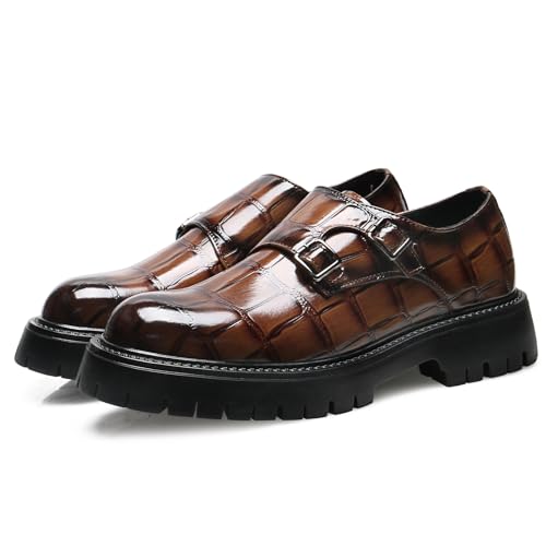 Men's Patent Leather Platform Double-Buckle Loafers Retro Leather Print Round Toe Low-Top Lug Sole Slip-On Business Dress Shoes Suitable for Casual Dating Dances2