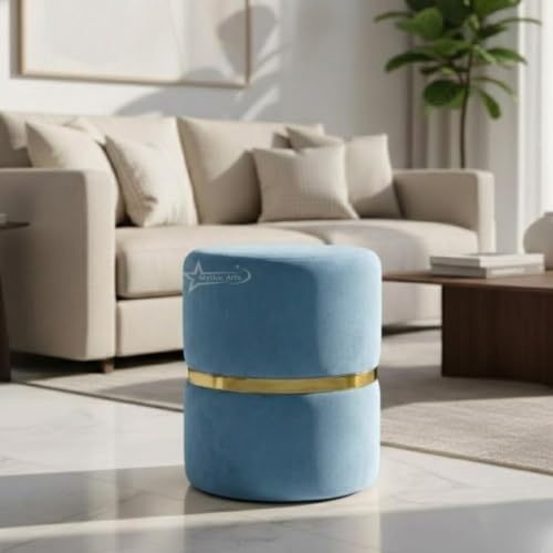 Image of Round Single Strip Upholstered Stool Living Room Foot Rest Linen Fabric Padded Seat Pouf Ottoman Office Stool (Sky Blue)
