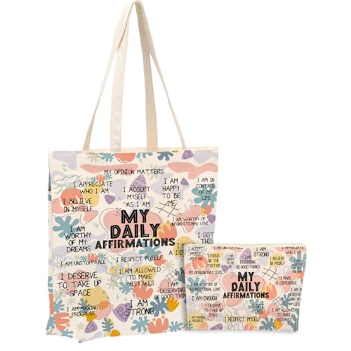 jeilink Bolsa de maquiagem inspiradora para cosméticos de lona, bolsa de praia para compras, presentes para mulheres, professora, mãe, enfermeira, aniversário, My Affirmations 0940, 9.8*6.9 inches