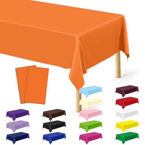 Image of 2 Pack Picnic Table Cover, 108 x 54 Inches Orange Plastic Tablecloth, Rectangle Tablecover Orange Disposable Tablecloth, Tear Resistant Table Decor Party Supplies for Wedding Birthday Anniversary