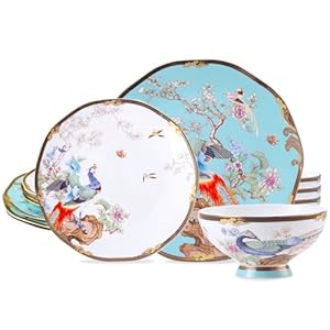 ACMLIFE Bone China Dinnerware Set – Porcelain Dinnerware Set for 4, Vintage Floral Dinnerware Set, Light Blue 12 Piece Lightweight Gold-painted Bone China Dinnerware Set for Kitchen for Women (Blue)