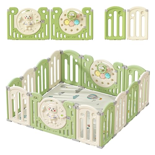 Zkipm Recinto Per Bambini, Tappetino da gattonare, Box Neonato Pieghevole, Cancello Di Sicurezza, Forma Regolabile, Facile da Piegare, Antiscivolo (12/14/16 Pannelli)+Colores blanco/madera/verde