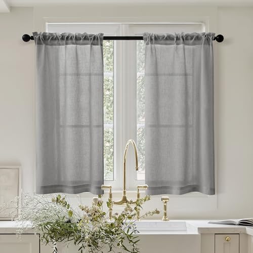 Light Grey Linen Half Kitchen Curtains 36 Inch Length Sets of 2 Rod Pocket Boho Cafe Short Gray Drapes for Windows Semi Sheer Light Filtering Curtains for Bathroom Basement RV Camper Laundry 26x36