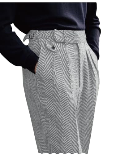 Image of Tuikayoo Men's Herringbone Tweed Pant Casual Business Regular Fit Suit Trousers Wedding PromTrousers (Silver, 40W x 30L)