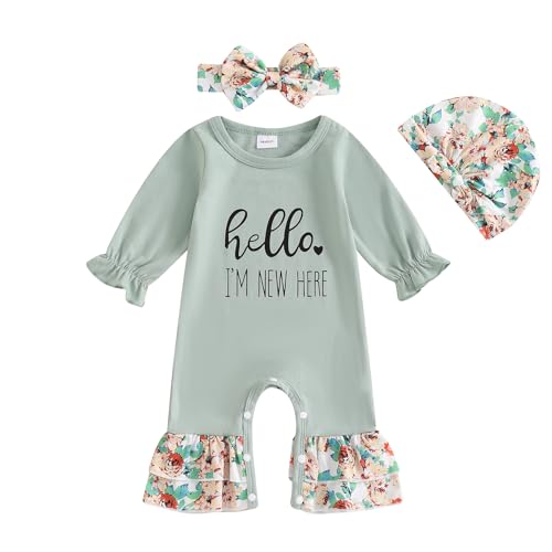 Image of Ayalinggo Newborn Outfits Baby Girl Coming Home Outfit Ruffle Romper Jumpsuit+Floral Headband+Hat Fall Winter Clothes Set