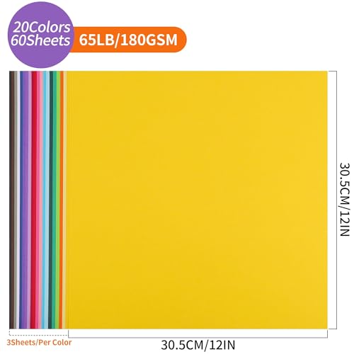 12 x 12 Buntkarton - 60 Blatt Kartonpapier 20 Farben 180g/m² 65lb 30,5×30,5cm Kartenset für Kartenbasteln, Schulprojekte, Kunst- & Bastelbedarf UAP10MX60