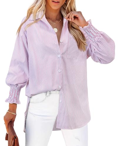 Gleeivy Striped Long Sleeve Shirt Women Button Up Smocked Work Casual Button Down Shirts and Blouses Boyfriend Oversized Pinstripe Tunic Tops Loose Fit Clothing Pink Striped L