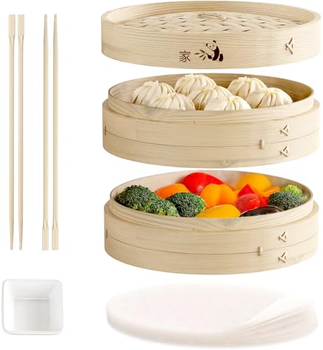 Comparison: Best Steamer Basket For Dumplings 3 Prime Home Direct Bamboo Steamer Basket 10-Inch | 2-Tier Steamer for Cooking | 50 Liners, Chopsticks, Sauce Dish | Steaming Asian Food, Bao Buns, Chinese, Dim Sum, Dumpling, Rice, Vegetable Steam Pot