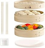 Prime Home Direct Bamboo Steamer Basket 10-Inch | 2-Tier Steamer for Cooking | 50 Liners, Chopsticks, Sauce Dish | Steaming Asian Food, Bao Buns, Chinese, Dim Sum, Dumpling, Rice, Vegetable Steam Pot