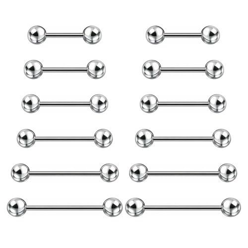 JinRuiCPeng 12 PCS Zungenpiercing Brustwarzenpiercing und 5er Ersatzkugel, 8/10/12/14/16/18/20mm, Silber Barbell für Zunge, Brustwarze, Augenbrauen Piercing, Vertical Labret Piercing