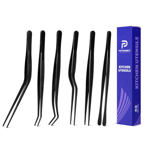 PETHOMKIT Kitchen Tweezer Tongs Set for Chef Food Plating,6 Pcs,6.3", Black