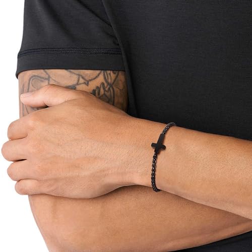 Cross Chain Bracelets for Men Women, Silver/Black Stainless Steel Cross Charms Men's Bracelet, Faith Religious Easter Catholic Christian God Jesus Communion Baptism Jewelry Gift Mens Link Bracelet3