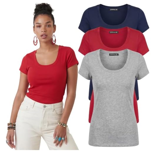 Emmalise Women's Short Sleeve Tshirt Scoop Neck Tee Value Set (3Pk, Navy, HthGry, Red, Small)