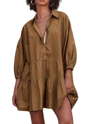 Image of chouyatou Women's Summer Puff Sleeve Tiered Tunic Babydoll Dress Cute Mini Button Down Shirt Dress
