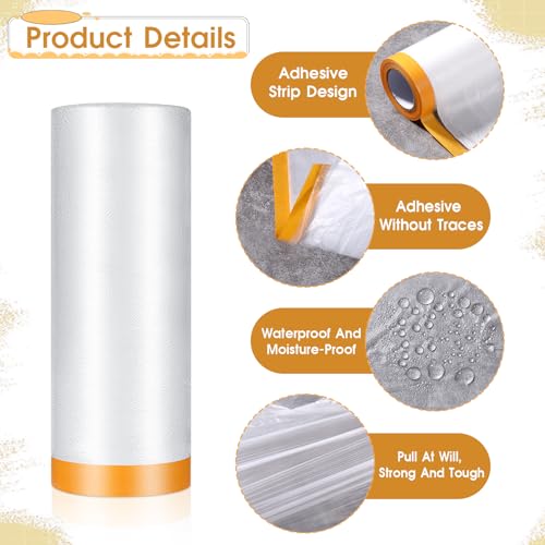 Image of 6 Rolls 60 In x 65 Ft Painters Plastic With Tape, Pre-Taped Masking Film, Tape and Drape, Paint Adhesive Protective Film Roll for Automotive Painting Covering, Automotive Best Masking Tape Painting