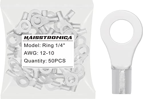 Haisstronica 50Pcs 1/4" Ring Terminals,Awg 12-10 Brazed Seam Non-Insulated Copper Wire Connectors #TOP22