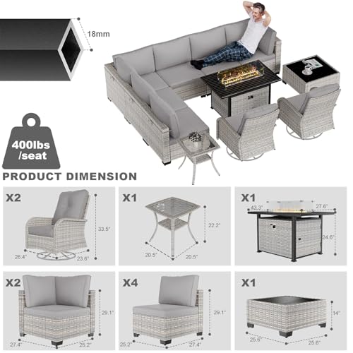 Image of 11-Piece Patio Furniture Set, Outdoor Patio Furniture with 55,000 BTU Fire Pit Table, Swivel Chairs Set, Thick Cushions, Modular Patio Sofa, Dual-Strand Wicker Rattan, Rust-Resistant Frame, Grey
