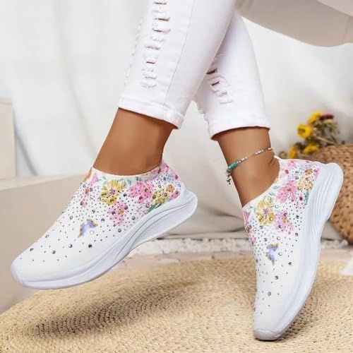 Hrtesus Women's Flower Rhinestone Sock Comfortable Slip On Sports Sneakers, Slip On Knitted Sock Sneakers with Arch Support Walking Shoes3