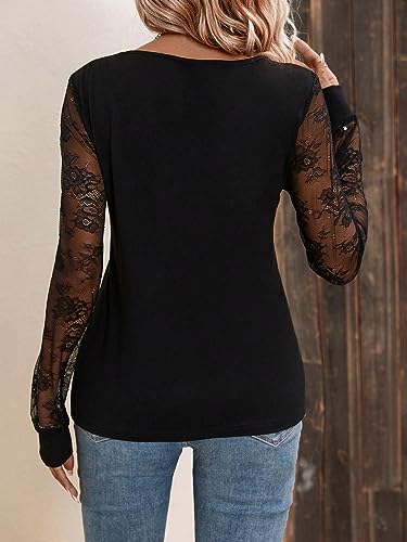 GORGLITTER Women's Lace Long Sleeve Tees Top Sheer V Neck T Shirt2