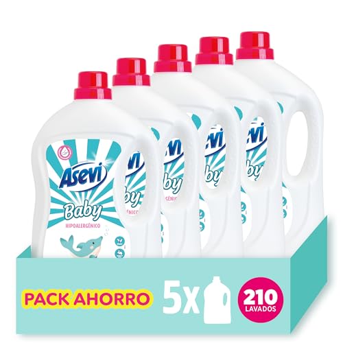 Asevi Detergente Líquido para Lavadora Baby -Detergente Delicado Hipoalergénico Especial para Pieles Sensibles - Libre de Colorantes y Alérgenos - Pack 5-220 Lavados