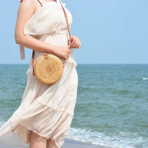 i-lan Handmade Rattan Crossbody Bag Bundle - Round & Square Boho Straw Purse Set - Woven Ata Wicker Shoulder Bag + Clutch for Women, Summer Beach, Brown Bali Straw Handbag4