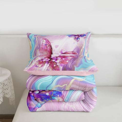 Image of Erosebridal Floral Marble Butterfly Queen Comforter Set for Kids Teens Adults,Pink Blue Tie Dye Bedding Set,Elegant Marble Texture Duvet Insert,Modern Aesthetic Bed Set for All Season