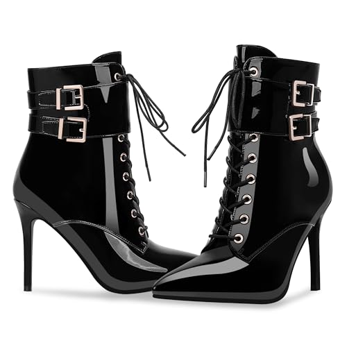 Women's High Stiletto Heel Pointed Toe Ankle Boots Lace Up Buckle Strap Dress Booties4