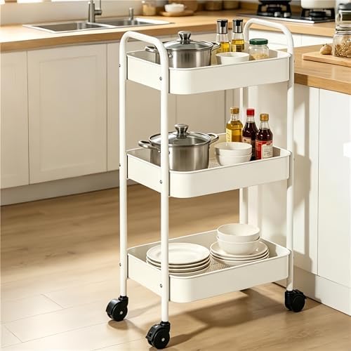 3-Tier Rolling Cart with Wheels, Multifunction Utility Storage Carts, Kitchen Storage Organizer, Mobile Shelving Unit for Bathroom, Laundry, White - 5