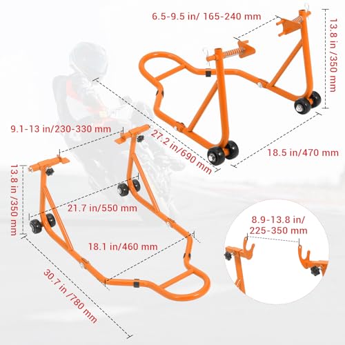 Motorcycle Stand Lift, 850lbs Front Rear Combo Stand Lift Stand, Front Wheel Fork Stand, Rear U+L Fork Swingarm Spool Stand, Universal Motorcycle Paddock Stand Wheel Lift Stand