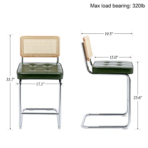 Onevog Island Rattan Chairs, Faux Leathe Seating Kitchen Counter Height (24 Inch) Bastool With Sturdy Frame Chrome Legs, Dining Room Home Kitchen Stools Set Of 2 Green #TOP2