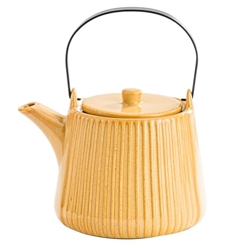 Image of Yundu Ceramic Teapots for Tea, 1000ml /33.8oz Tea Pot with Infusers for Loose Tea, Striped Tea Pot with Removable Tea Infuser - Reactive Mustard