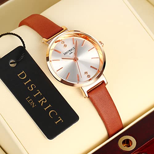District London Ladies Watch with Rose Gold Casing and Slim Leather Strap UK Designer