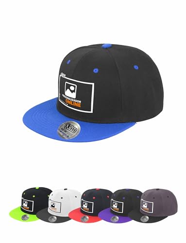 QCM PRODUTOS PERSONALIZADOS Gorra Plana Personalizable Unisex, de Doble Color | Impresión de Texto, Imagen o Logotipo (FR/ES, Letras, Talla única, Negro/Azul)