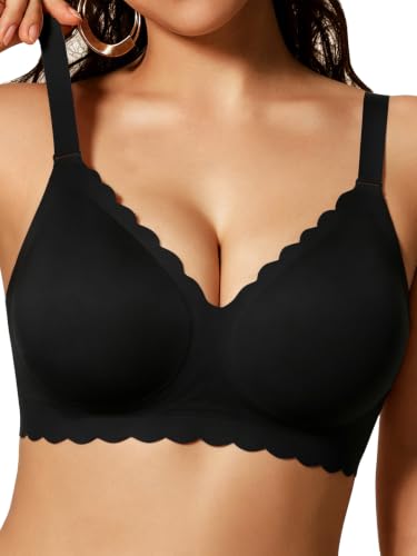 COCOMARTS Jelly Bras for Women No Underwire Wireless Seamless Soft Comfort Scalloped Bralettes Everyday Tshirt Push Up Bra Black Large