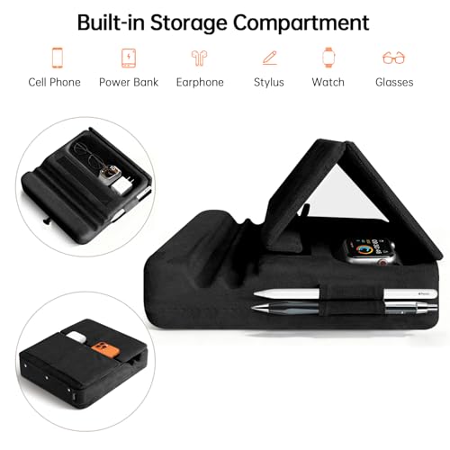 Image of Tablet Pillow Stand with Storage, Foldable iPad Holder for Lep, Bed, Sofa, and Desk - Soft Pad Dock with Pocket and Stylus Mount Compatible with 4-13 inch iPad Pro /Air /Mini, Galaxy Tab, Kindle