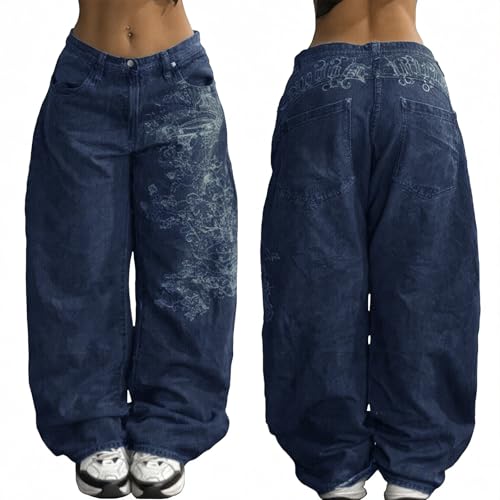 Emmiol Pantalones vaqueros holgados para mujer, cintura baja, hip hop, Y2K Boyfriends, Azul Oscuro, XS